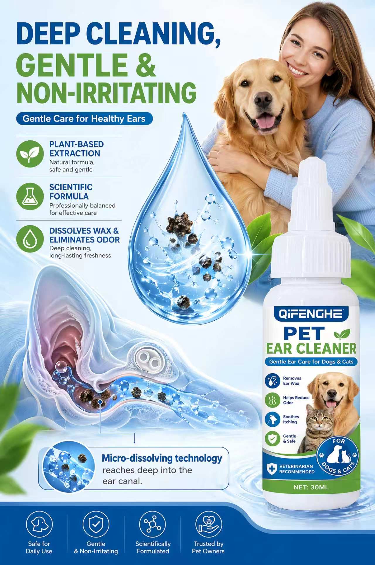 Dog Ear Cleaner Solution Drops Wash - 30ml Pet Ear Cleaner Drops for